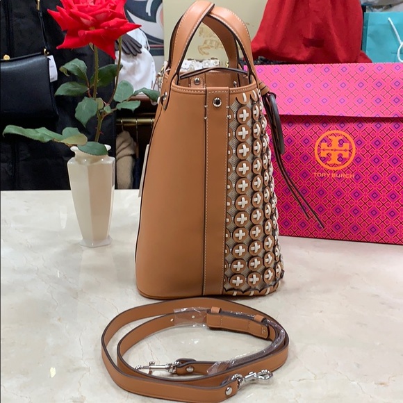 LAST RARE TORY BURCH MILLER CHAINMAIL LARGE BUCKET BAG IN CAMELLO/IVORY XBODY - Picture 7 of 12